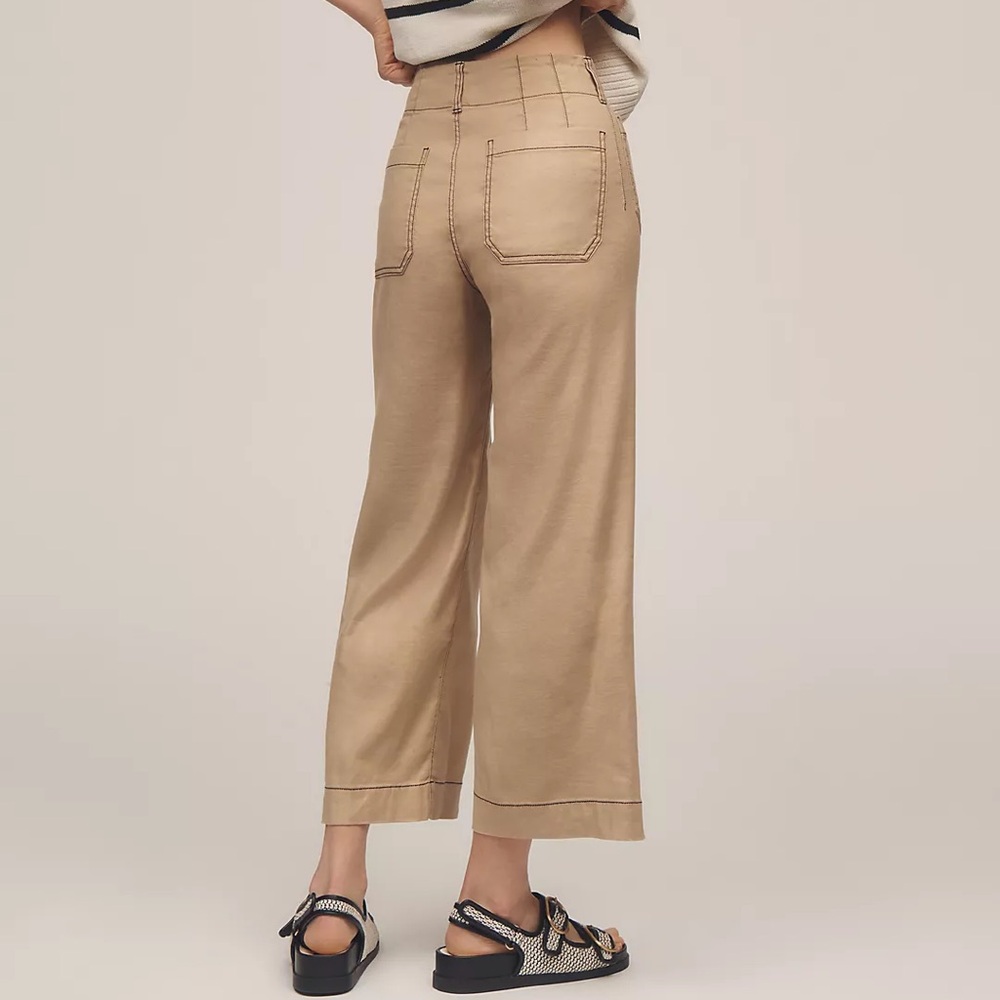 Khaki The Colette Contrast-Stitch Linen Crop Wide-Leg Pants by Maeve 30 - Picture 2 of 7